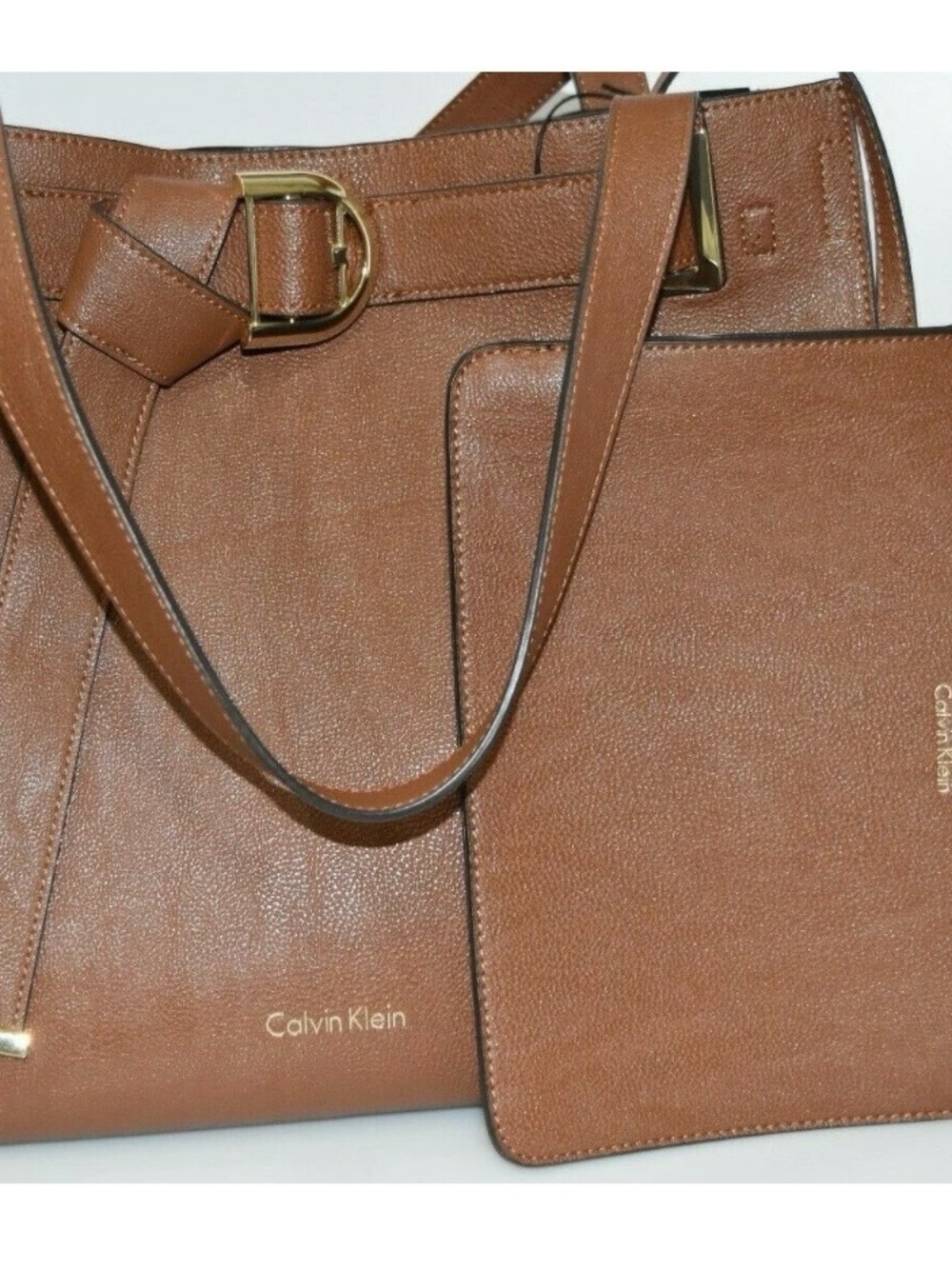 Calvin Klein Cognac Leather Tote with Matching Wristlet